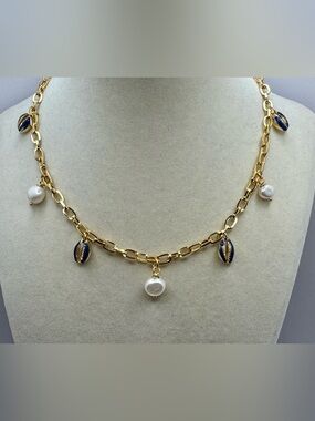 MAYAMAR 24K Gold Plated Necklace with Blue Shells and Natural Pearls Charms. NIB